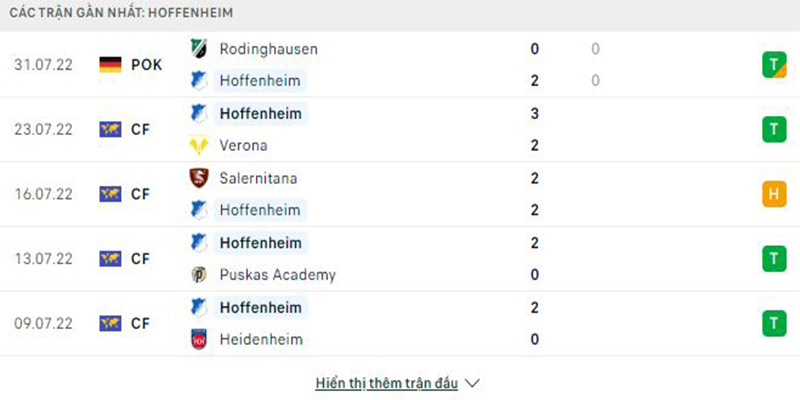 Thống kê 5 trận gần nhất Hoffenheim 